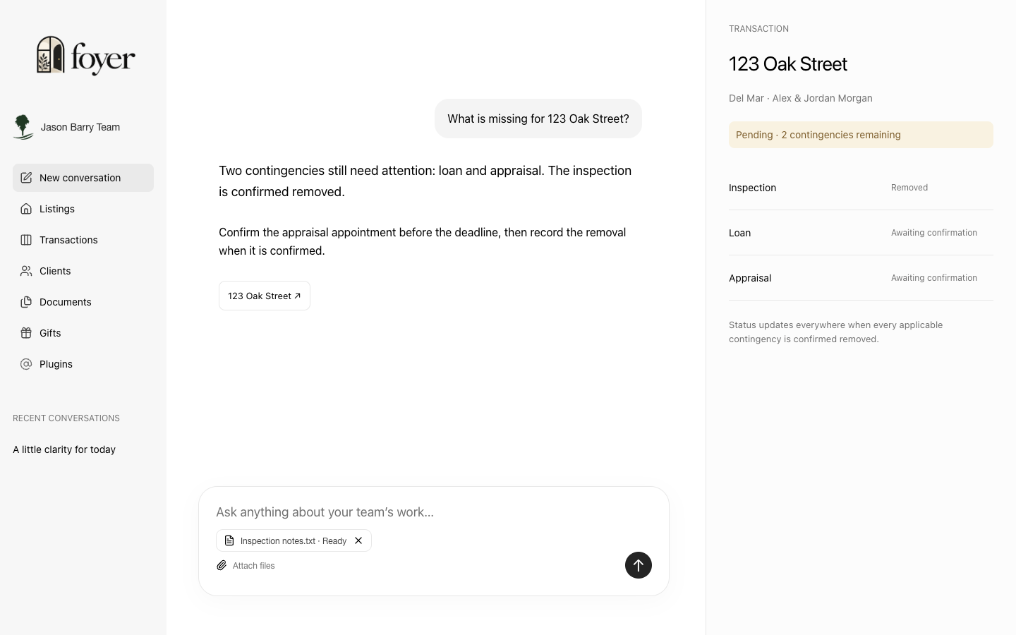 Chatel workspace preview: conversation about 123 Oak Street beside its transaction record and contingency status.